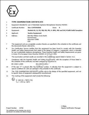 Sentry Equipment sampler Atex certificate
